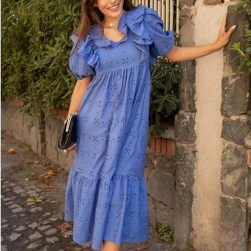 Zara * openwork embroidered dress boho flowy blue size xs - Picture 6 of 11